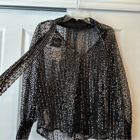 New Zara $69 Tied Collar Gold Sequin Semi Sheer Blouse 9127/572 Small - Picture 13 of 14